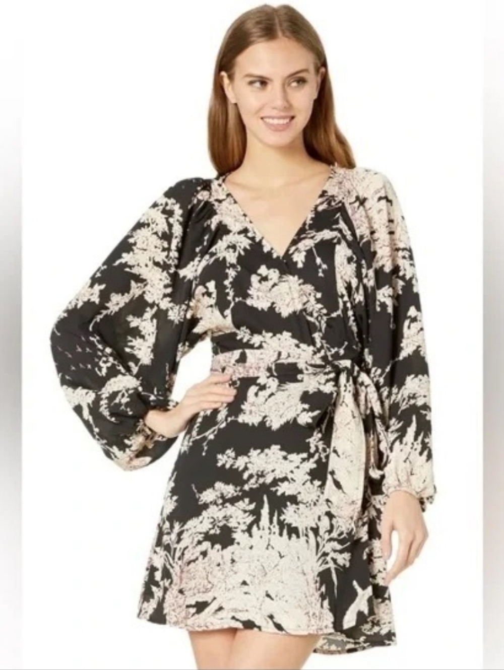 Bishop + Young V-Neck Kennedy Wrap Dress Sz Xs Black/Cream Floral Print EUC